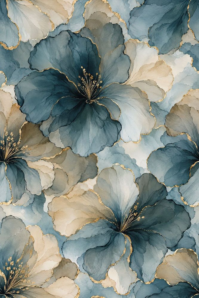 Teal Floral Wallpaper Watercolor Blooms With Gold Accents pattern artwork