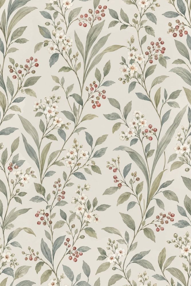 Botanical Vines Wallpaper White Flowers Red Berries Ivory Background pattern artwork