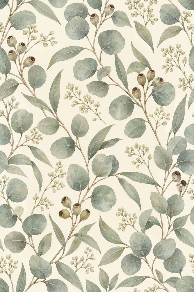 Eucalyptus Wallpaper Watercolor Sage Green On Cream Background pattern artwork