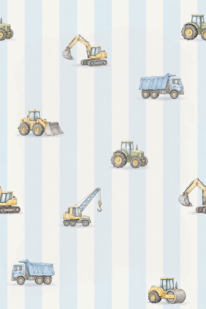 Construction Vehicles Wallpaper Watercolor Striped Pattern pattern artwork