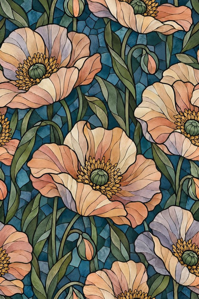 Stained Glass Floral Wallpaper Muted Green Dark Blue Mosaic pattern artwork