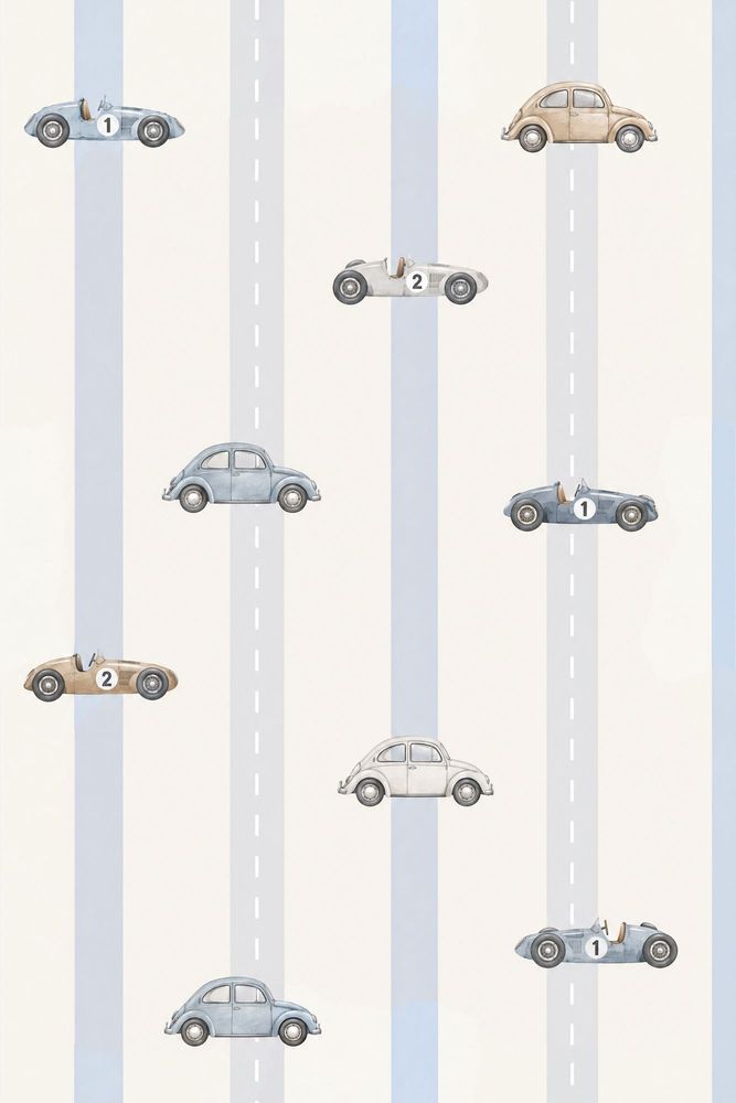 Vintage Cars Wallpaper Road Lane Stripes In Cream And Light Blue pattern artwork