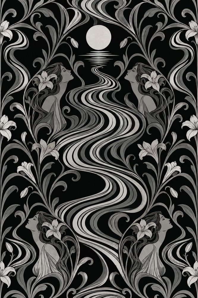 Moonlit River Women Wallpaper Black Silver Art Nouveau Floral pattern artwork