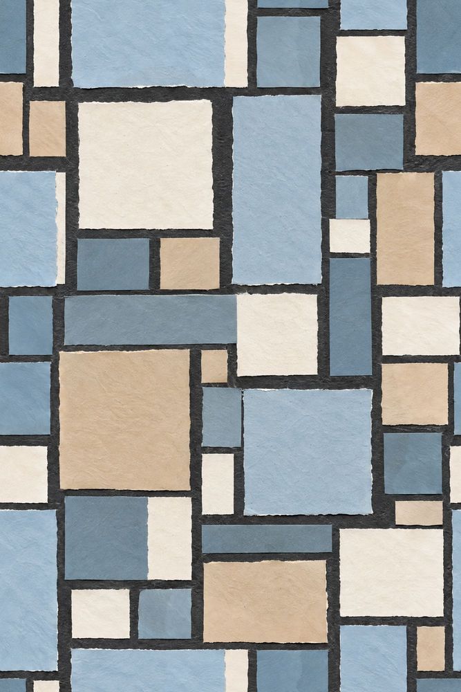 Geometric Block Wallpaper Blue Beige Grid pattern artwork