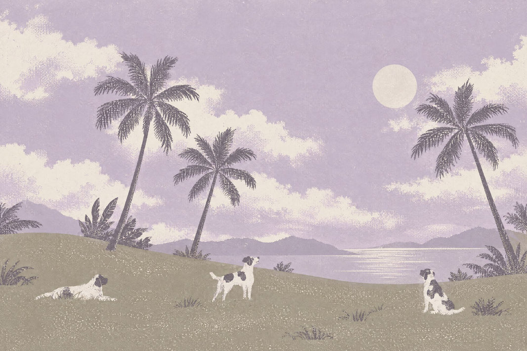 Tropical Landscape Dogs Wallpaper Lavender Sky Wall Mural pattern artwork