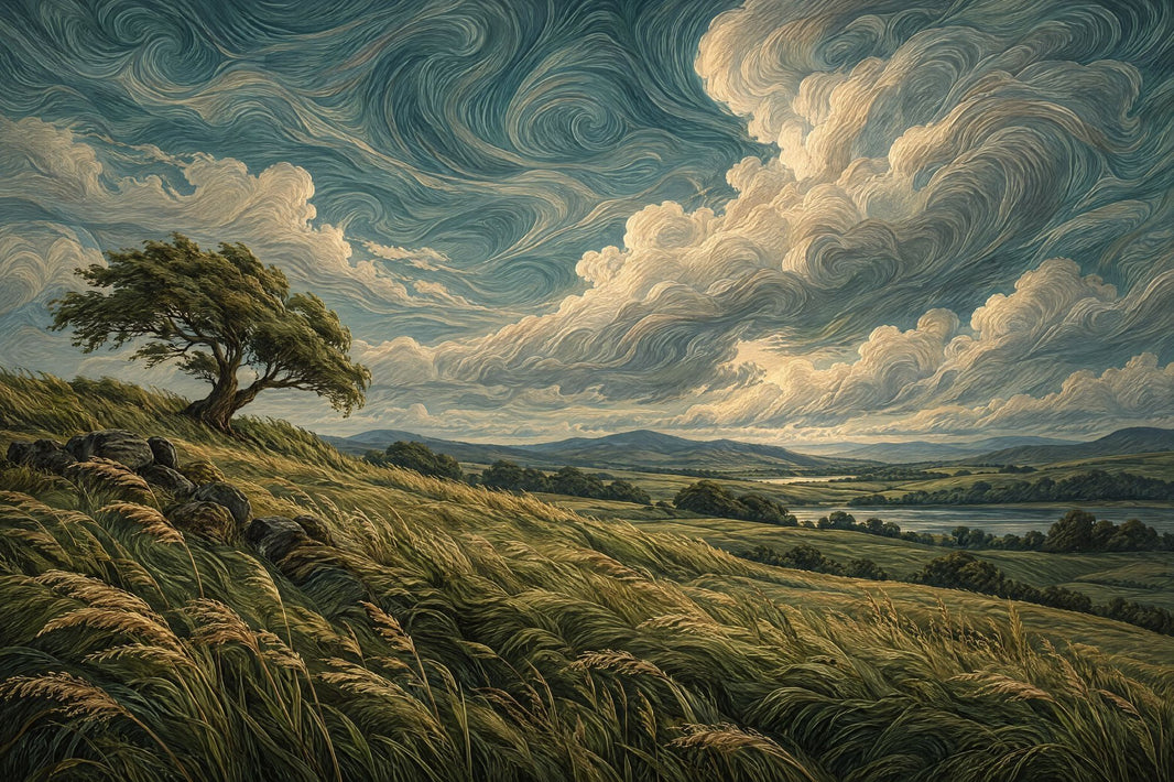 Windswept Countryside Landscape Wallpaper Swirling Sky Wall Mural pattern artwork