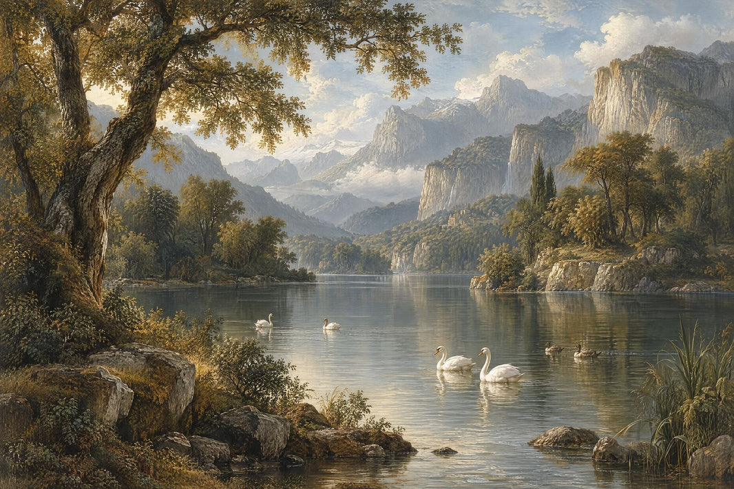 Mountain Lake Swans Wallpaper Vintage Painting Wall Mural pattern artwork