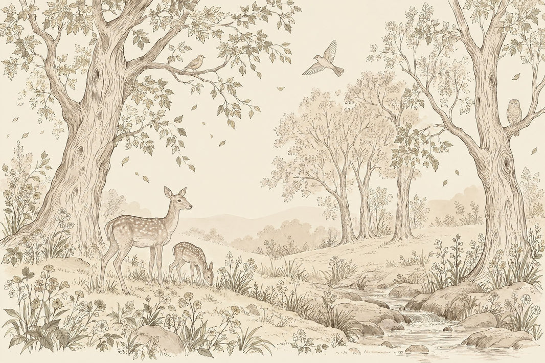 Woodland Deer Toile Wallpaper Vintage Countryside Wall Mural pattern artwork