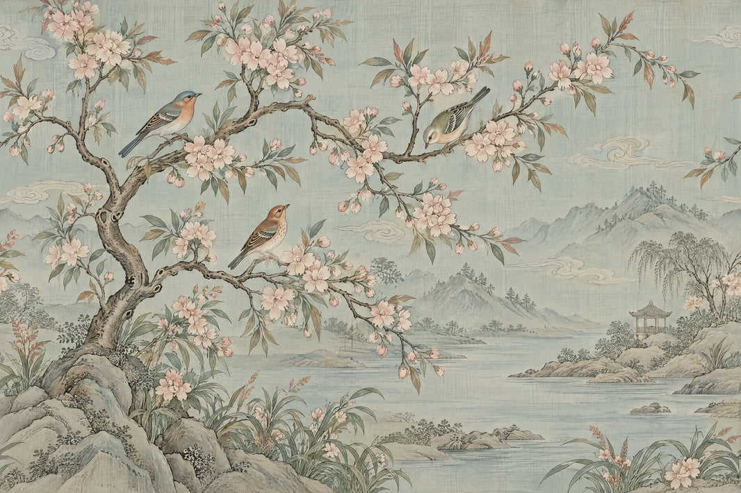 Chinoiserie Blossom Landscape Wallpaper Muted Green Wall Mural pattern artwork