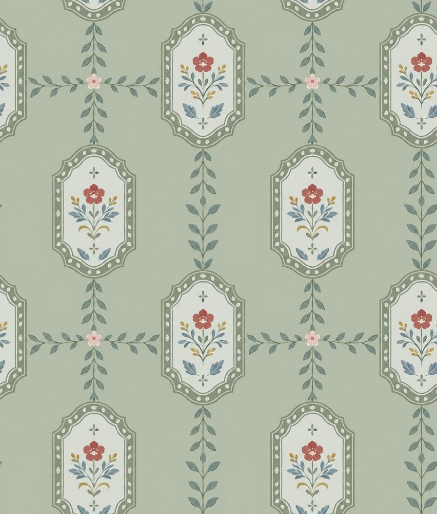 Floral Frame Wallpaper Muted Green Vintage Stripe pattern artwork