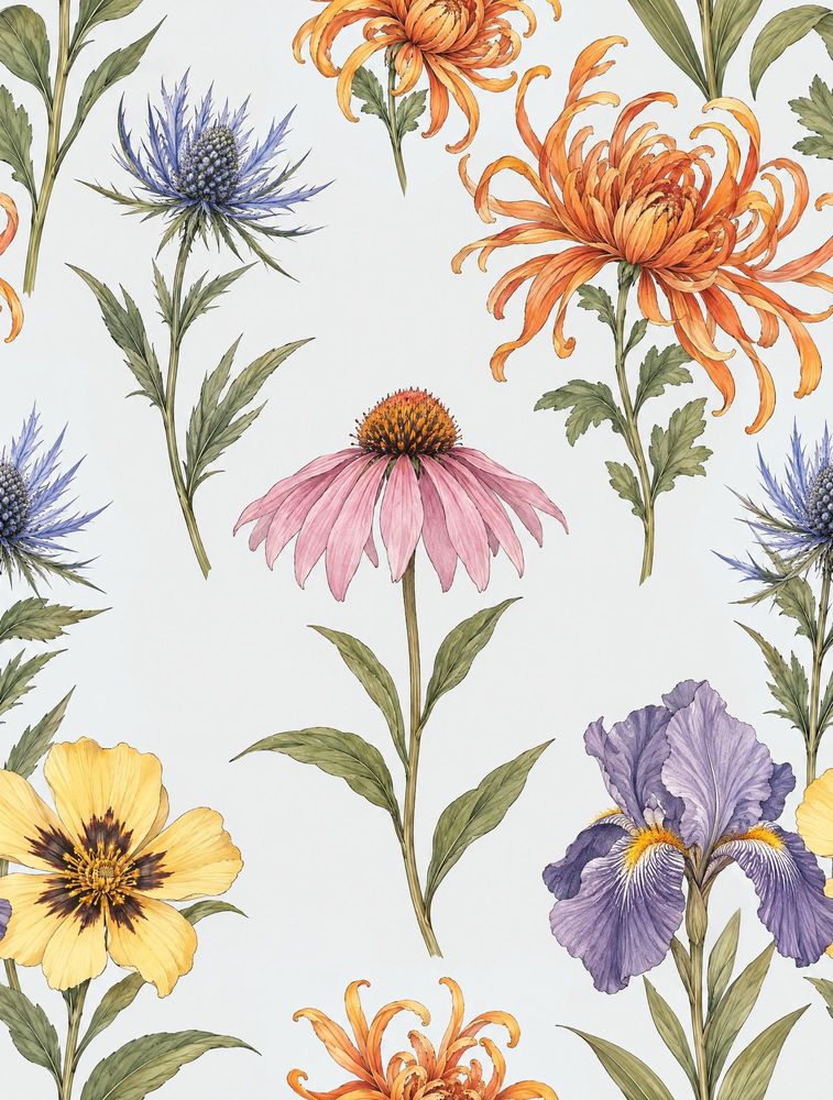Botanical Wildflower Wallpaper White Background pattern artwork