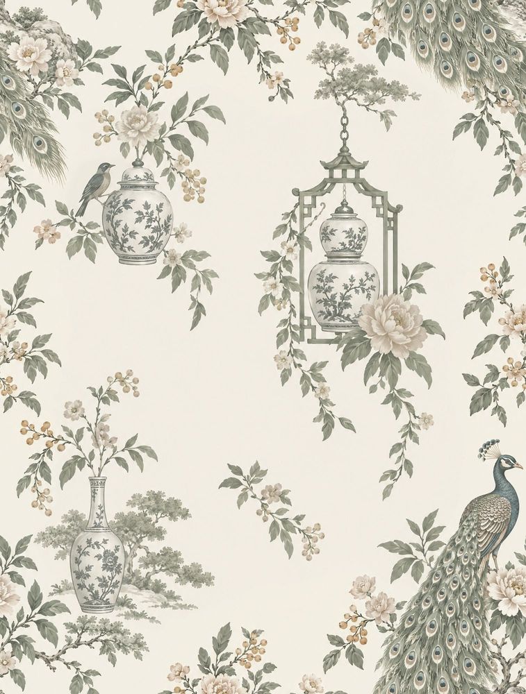 Peacock Chinoiserie Wallpaper Ivory Background Floral Porcelain Vases pattern artwork