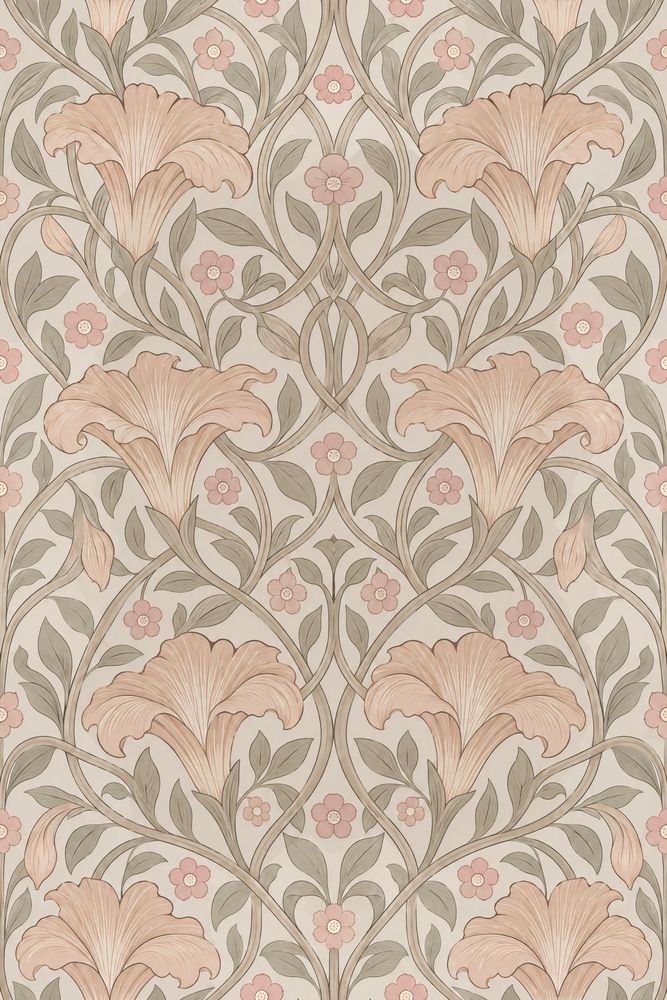 Art Nouveau Lily Floral Wallpaper Sage And Peach On Cream pattern artwork