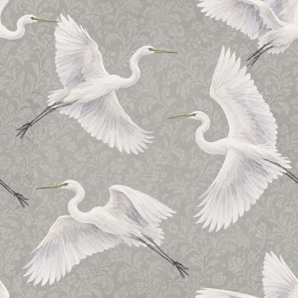 White Egrets Wallpaper Floral Damask Gray Background pattern artwork