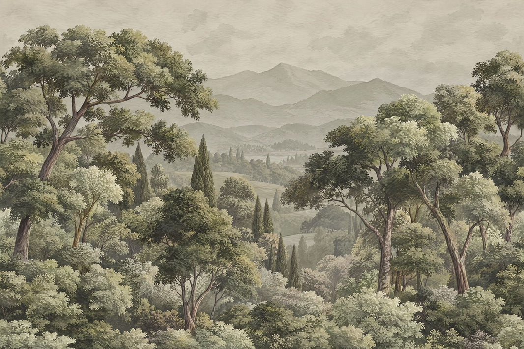Vintage Forest Landscape Wallpaper Muted Green Mountains Wall Mural pattern artwork
