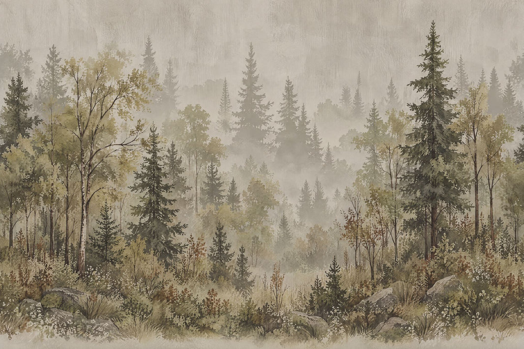 Misty Forest Wallpaper Watercolor Landscape Wall Mural pattern artwork