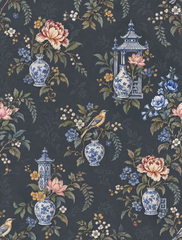 Chinoiserie Vases And Birds Wallpaper Dark Navy Botanical Floral pattern artwork
