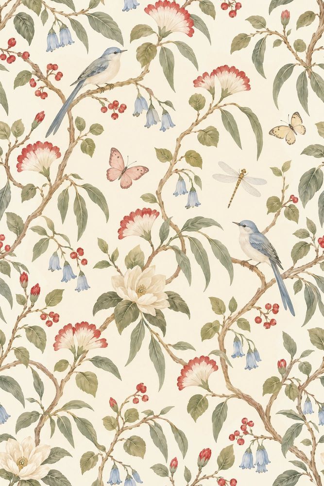Bird And Blossom Wallpaper Muted Green Chinoiserie Pattern pattern artwork