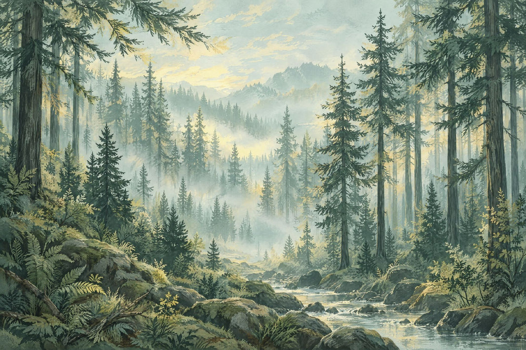 Misty Forest Wallpaper Watercolor Landscape Wall Mural pattern artwork