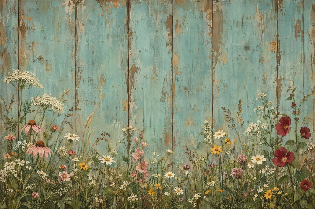 Teal Wood Wildflowers Wallpaper Vintage Farmhouse Wall Mural pattern artwork