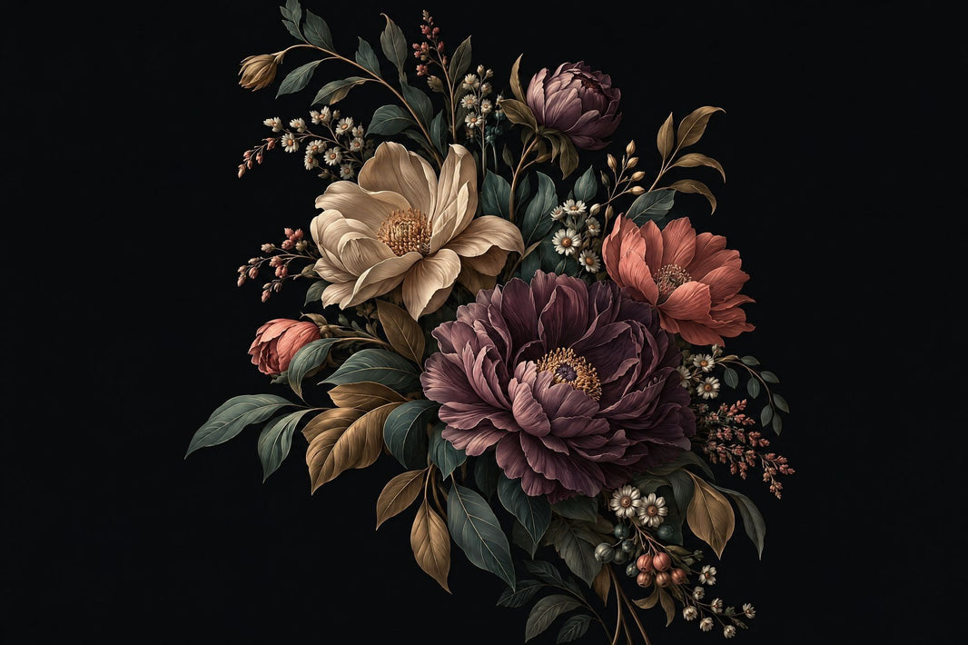 Vintage Peony Bouquet Wallpaper Dark Floral Wall Mural pattern artwork