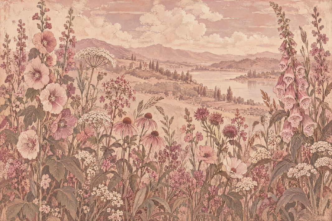 Wildflower Lake Landscape Wallpaper Vintage Botanical Wall Mural pattern artwork
