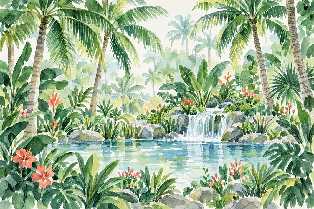 Tropical Waterfall Lagoon Wallpaper Watercolor Jungle Wall Mural pattern artwork