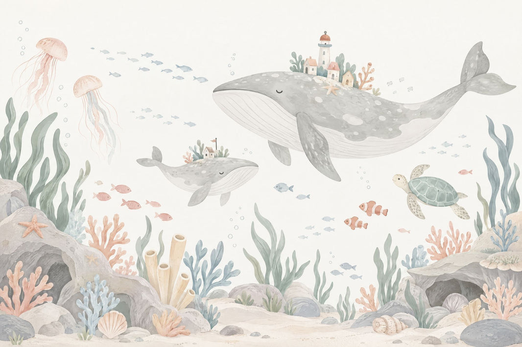 Watercolor Whales Wallpaper Underwater Storybook Wall Mural pattern artwork