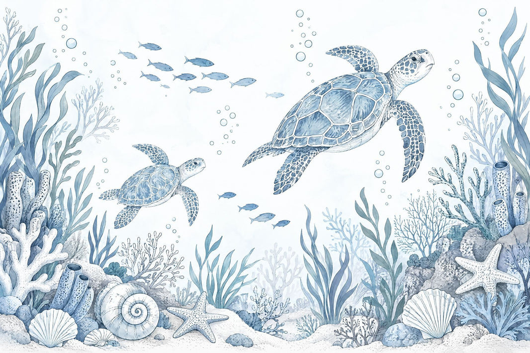 Sea Turtles Wallpaper Blue Watercolor Ocean Wall Mural pattern artwork
