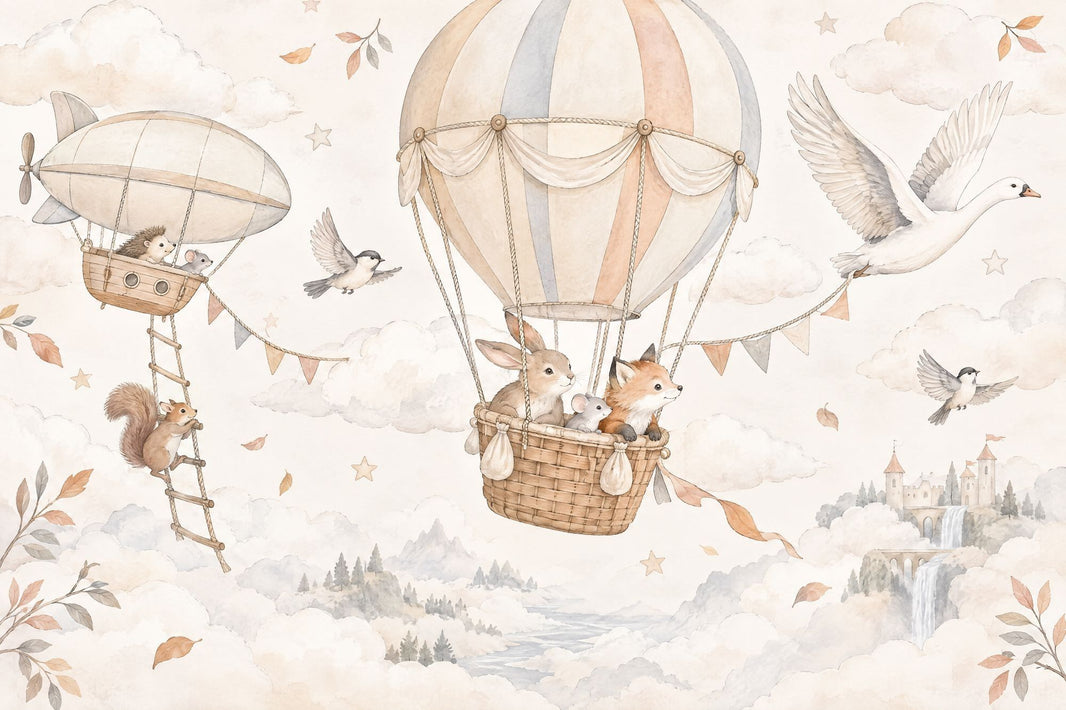 Hot Air Balloon Animals Wallpaper Watercolor Fairy Tale Wall Mural pattern artwork