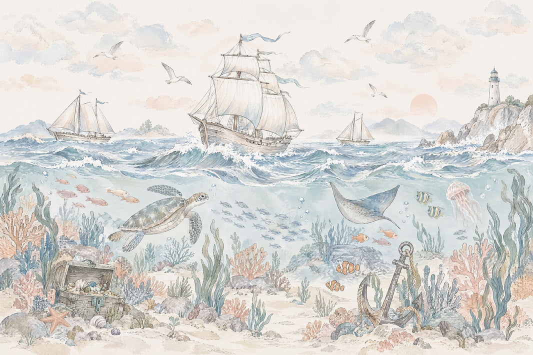 Watercolor Ocean Ships Wallpaper Coastal Underwater Wall Mural pattern artwork