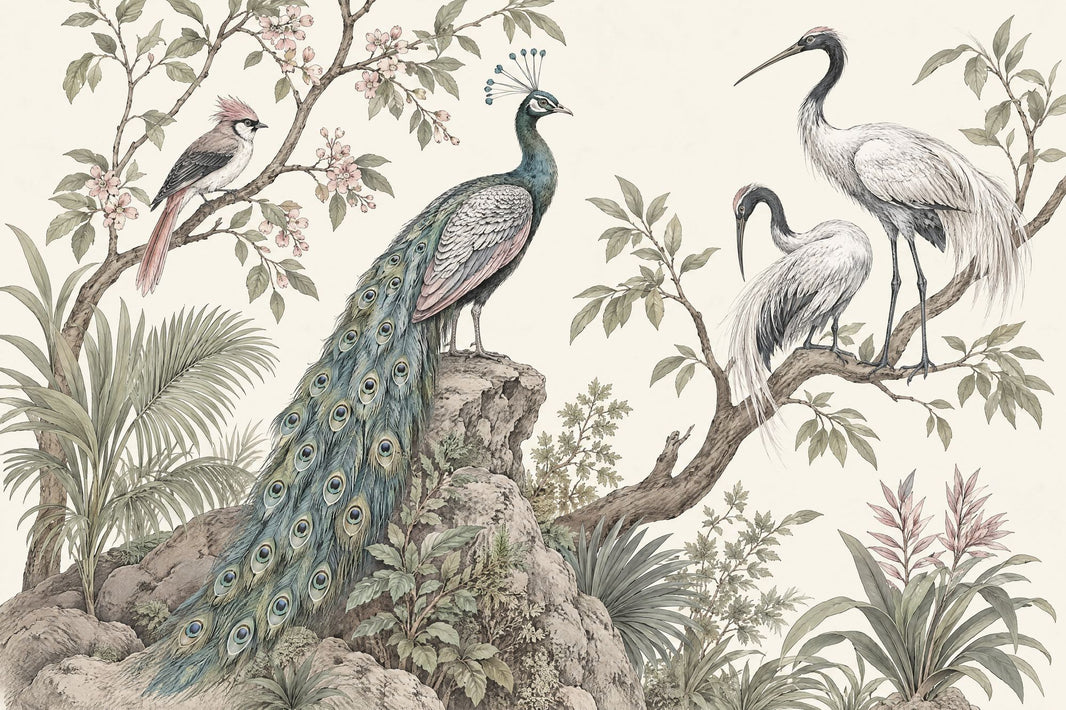 Chinoiserie Birds Wallpaper Muted Green Botanical Wall Mural pattern artwork