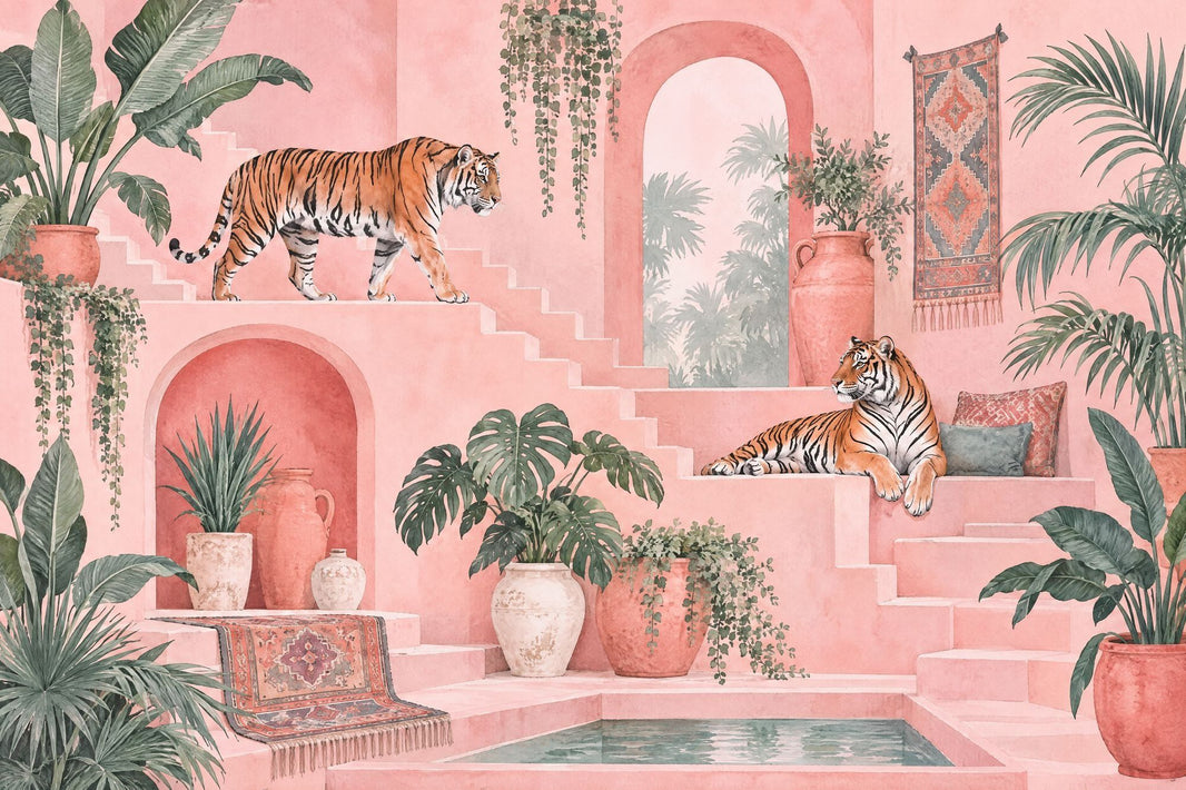 Tigers Tropical Courtyard Wallpaper Pink Arches Wall Mural pattern artwork