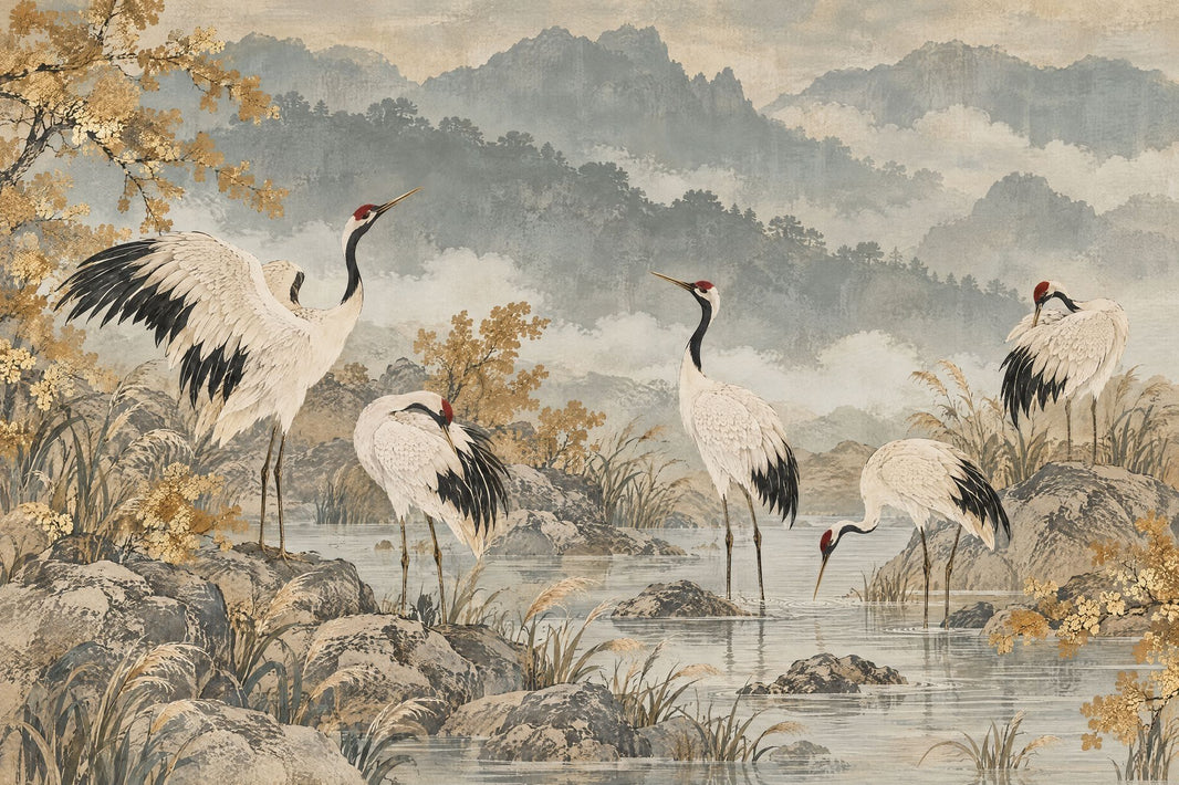 Cranes And Misty Mountains Wallpaper Chinoiserie Landscape Wall Mural pattern artwork
