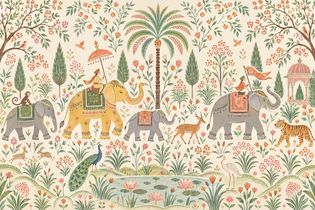 Indian Garden Elephants Wallpaper Mughal Inspired Wall Mural pattern artwork