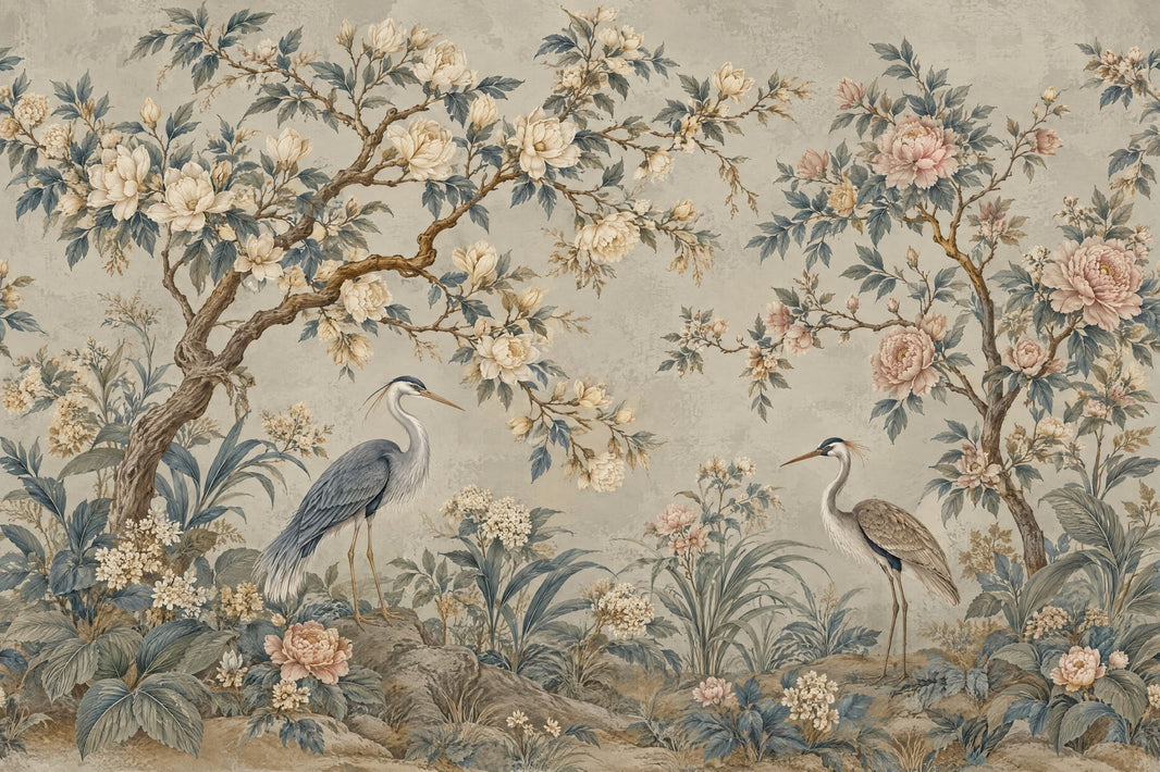 Herons And Peonies Wallpaper Chinoiserie Garden Wall Mural pattern artwork