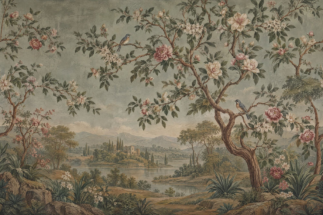 Chinoiserie Blossom Landscape Wallpaper Cloudy Sky Wall Mural pattern artwork