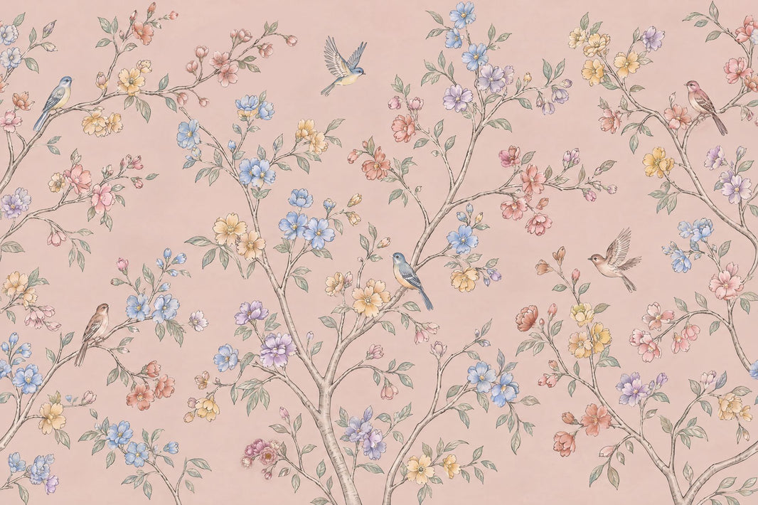 Chinoiserie Blossom Birds Wallpaper Light Pink Garden Wall Mural pattern artwork