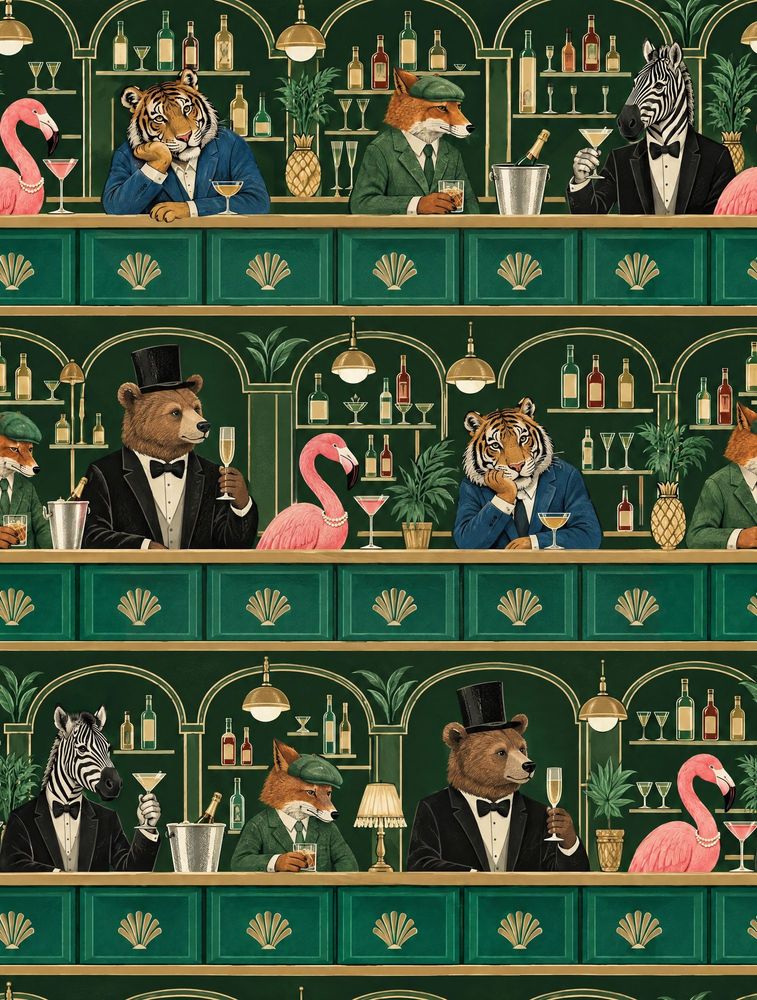 Cocktail Bar Animals Wallpaper Dark Emerald Green Art Deco pattern artwork