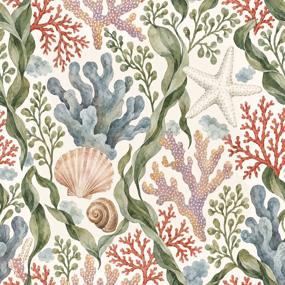 Seaweed And Coral Wallpaper Watercolor Coastal Pattern pattern artwork