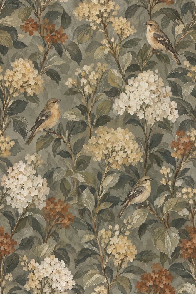 Songbird Branches Wallpaper Dark Sage Botanical Pattern pattern artwork