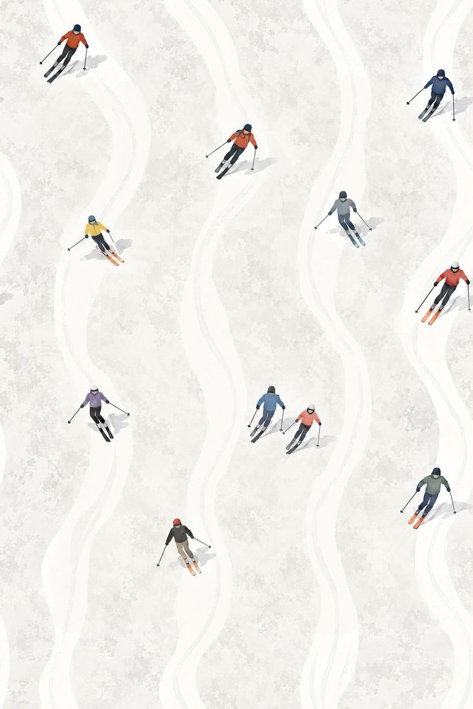 Skiers Wallpaper Bright Illustrated Snow Tracks pattern artwork