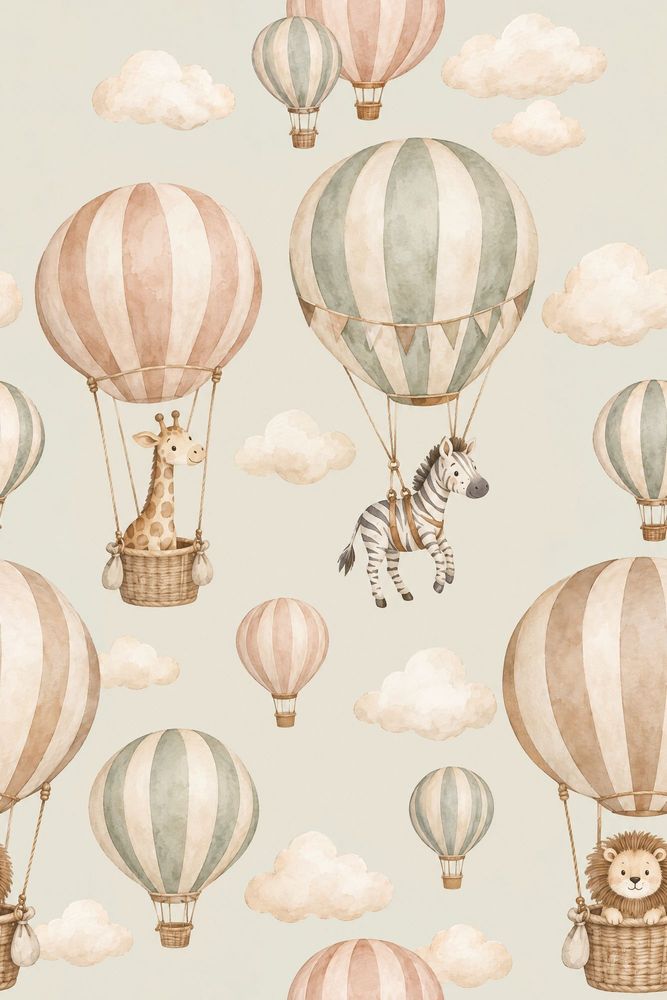 Hot Air Balloons Wallpaper Watercolor Safari Animals In Light Pastels pattern artwork
