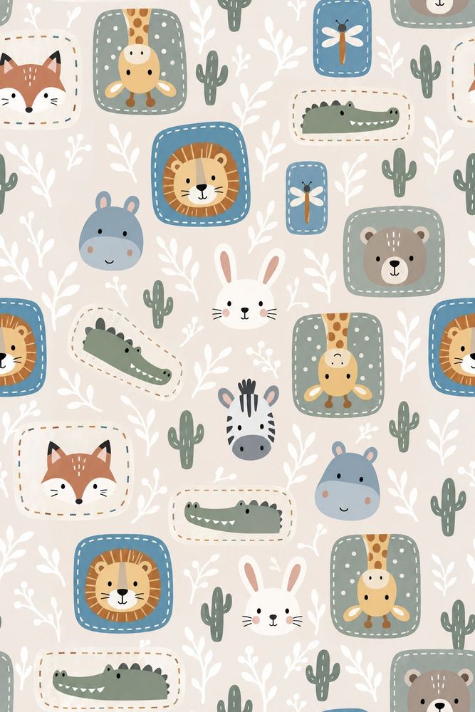 Safari Animal Faces Wallpaper Muted Green Pastel Pattern pattern artwork