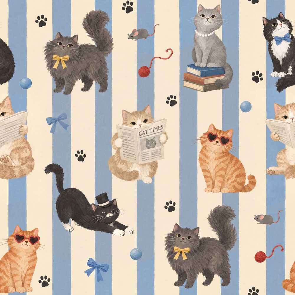 Cats Wallpaper Blue Cream Vertical Stripes pattern artwork