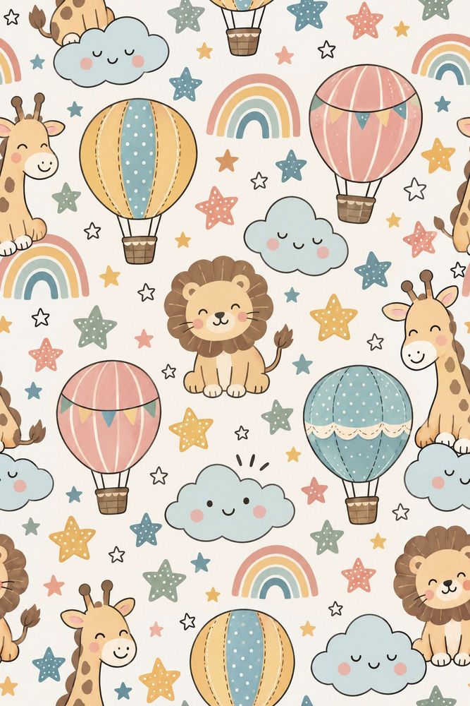 Safari Animals Wallpaper Pastel Hot Air Balloons And Rainbows pattern artwork