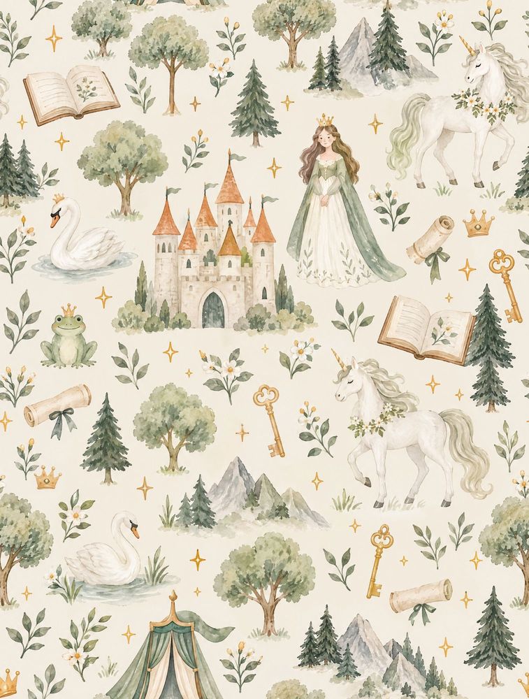 Princess Castle Unicorn Wallpaper Watercolor Cream Sage Pattern pattern artwork