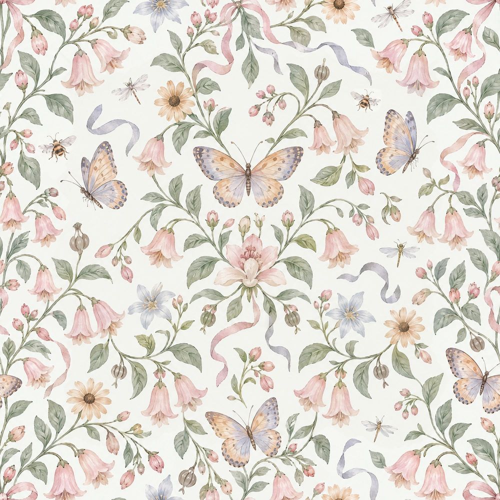 Bellflower And Butterfly Wallpaper Pastel Watercolor Garden pattern artwork