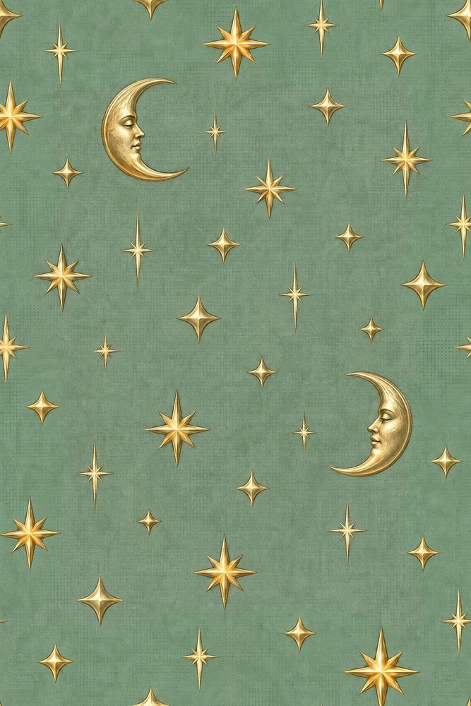 Gold Moon And Starburst Wallpaper Sage Green Celestial Pattern pattern artwork