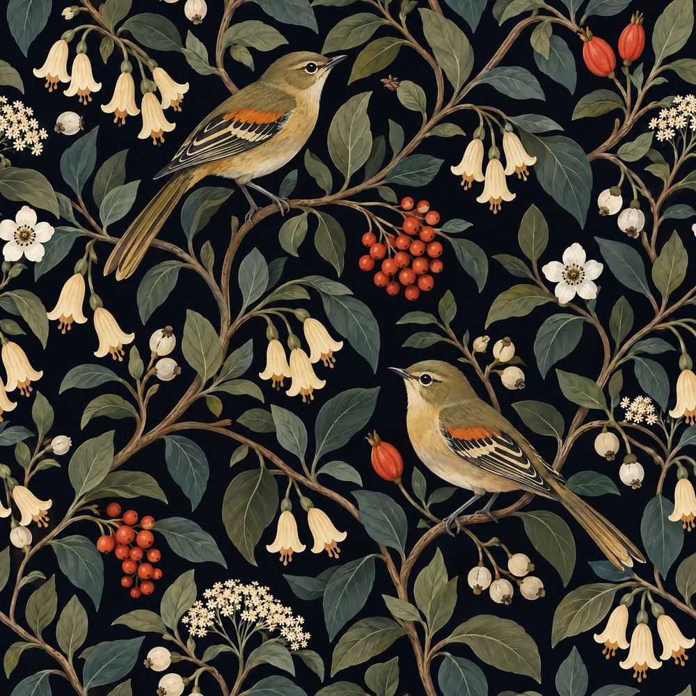 Birds And Vine Branches Wallpaper Muted Green Botanical pattern artwork